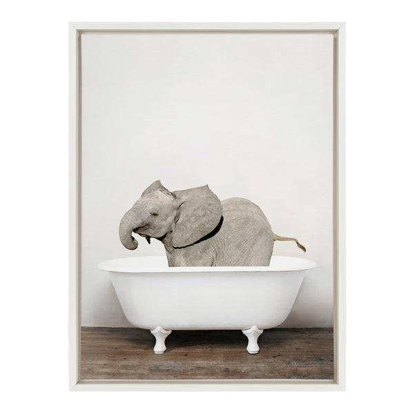 Kate and Laurel Sylvie Baby Elephant in the Tub Color Framed Canvas Wall Art  by Amy Peterson Art Studio, 18x24 White, Modern Fun Decorative Bathtub Wall  Art for Home Décor – kateandlaurel