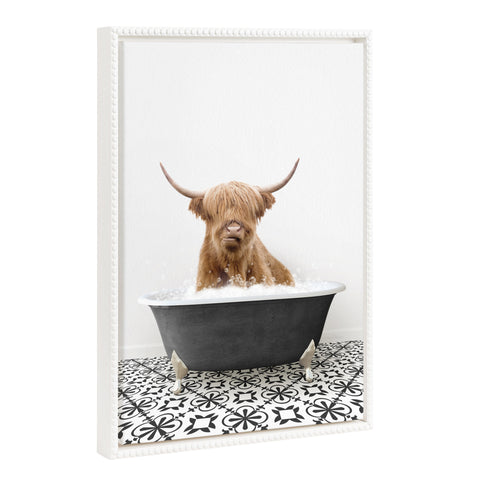 Sylvie Beaded Highland Cow in Black and White Stencil Bath Framed Canvas by Amy Peterson