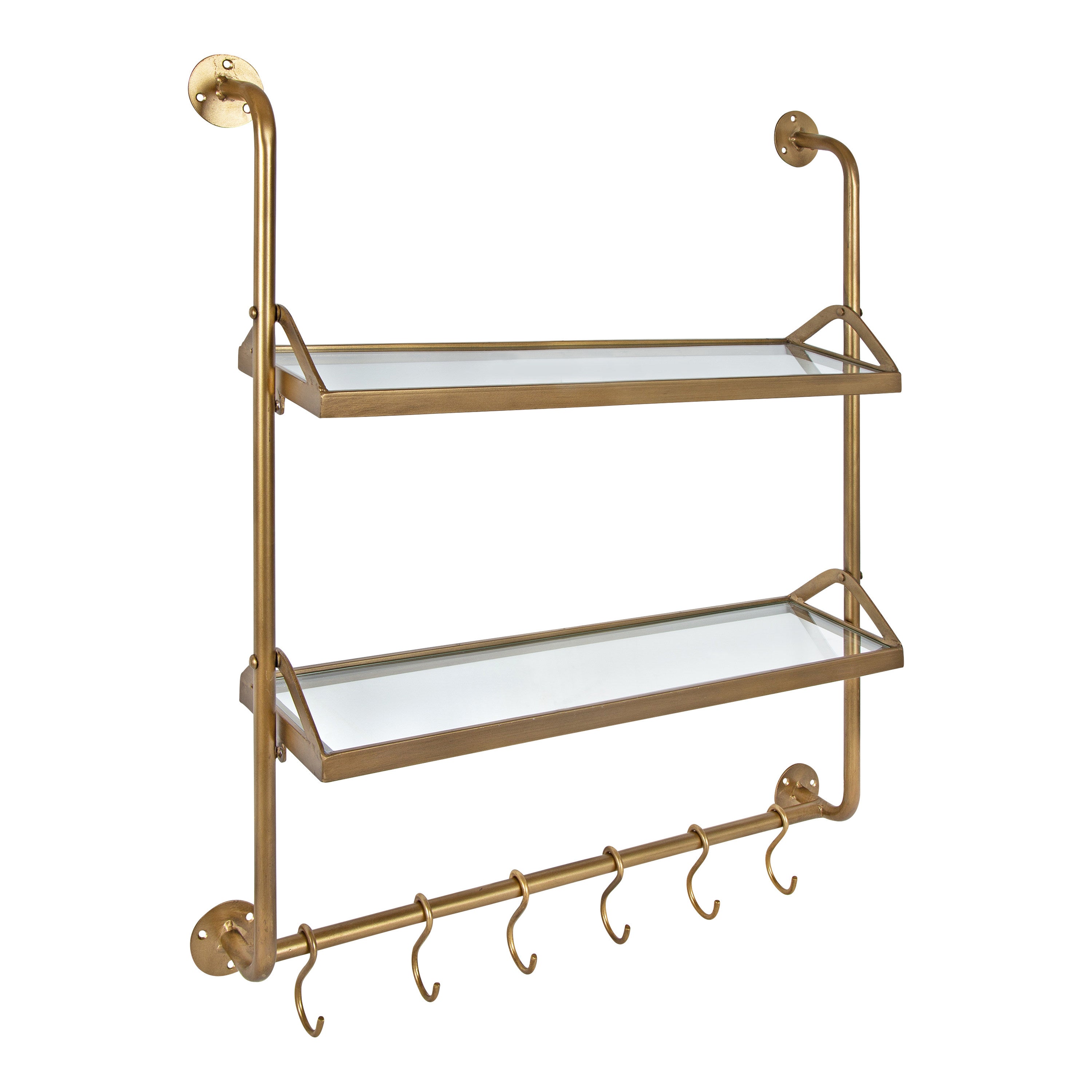 Kate and Laurel Marit Modern Industrial Wall Shelf with Metal Pipe Supports  and Glass Shelves, Gold – kateandlaurel