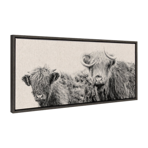 Sylvie Two Highland Cow Best Friends Neutral Linen Bright Framed Canvas by The Creative Bunch Studio