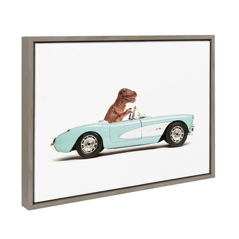 Sylvie T Rex Driving 1957 Aqua Chevy Framed Canvas by Saint and Sailor Studios