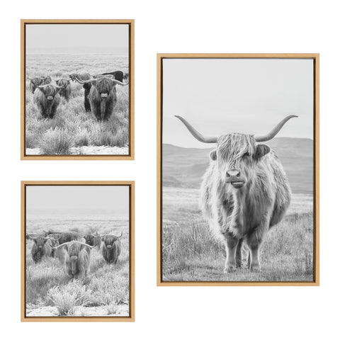 Sylvie Herd of Highland Cows BW Left and Right and Highland Cow Mountain Landscape Black and White Framed Canvas Art Set by The Creative Bunch Studio