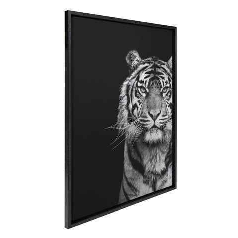 Sylvie Tiger Minimalist Animal Portrait on Black Close Crop BW Framed Canvas by The Creative Bunch Studio