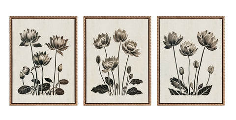 Sylvie Simple Modern Linocut Neutral Lotus Flowers Framed Canvas Art Set by The Creative Bunch Studio