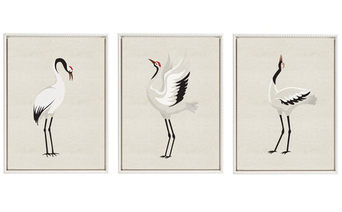 Sylvie Japanese Crane Bird with Red Crown 1. 2 and 3 Framed Canvas Art Set by The Creative Bunch Studio