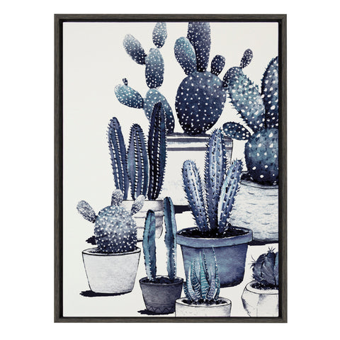 Sylvie Blue Potted Cacti Framed Canvas, Gray 23x33