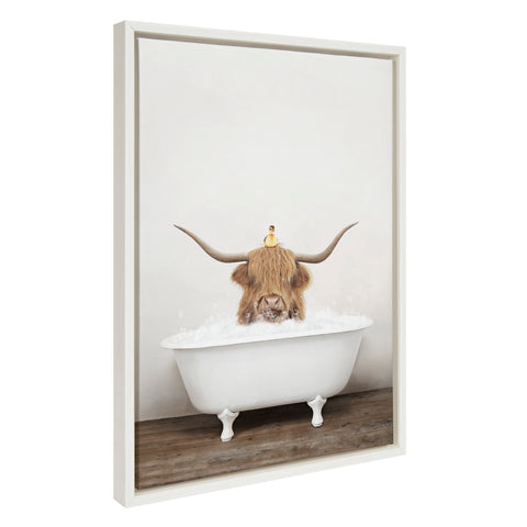 Sylvie Highland Cow and Duckling in Rustic Bath Framed Canvas by Amy Peterson Art Studio