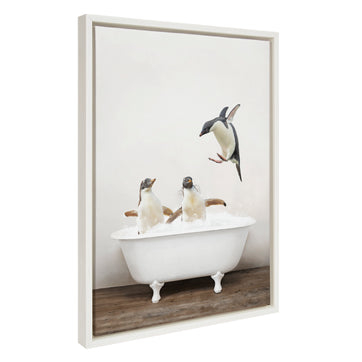 Sylvie Penguins Playing in Rustic Bath Framed Canvas by Amy Peterson Art Studio