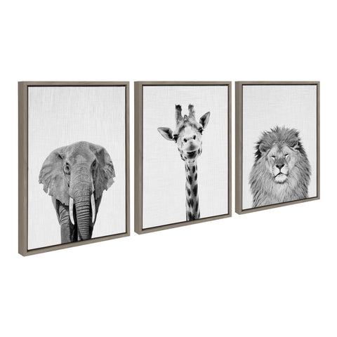 Sylvie Elephant Giraffe and Lion Framed Canvas by Simon Te of Tai Prints