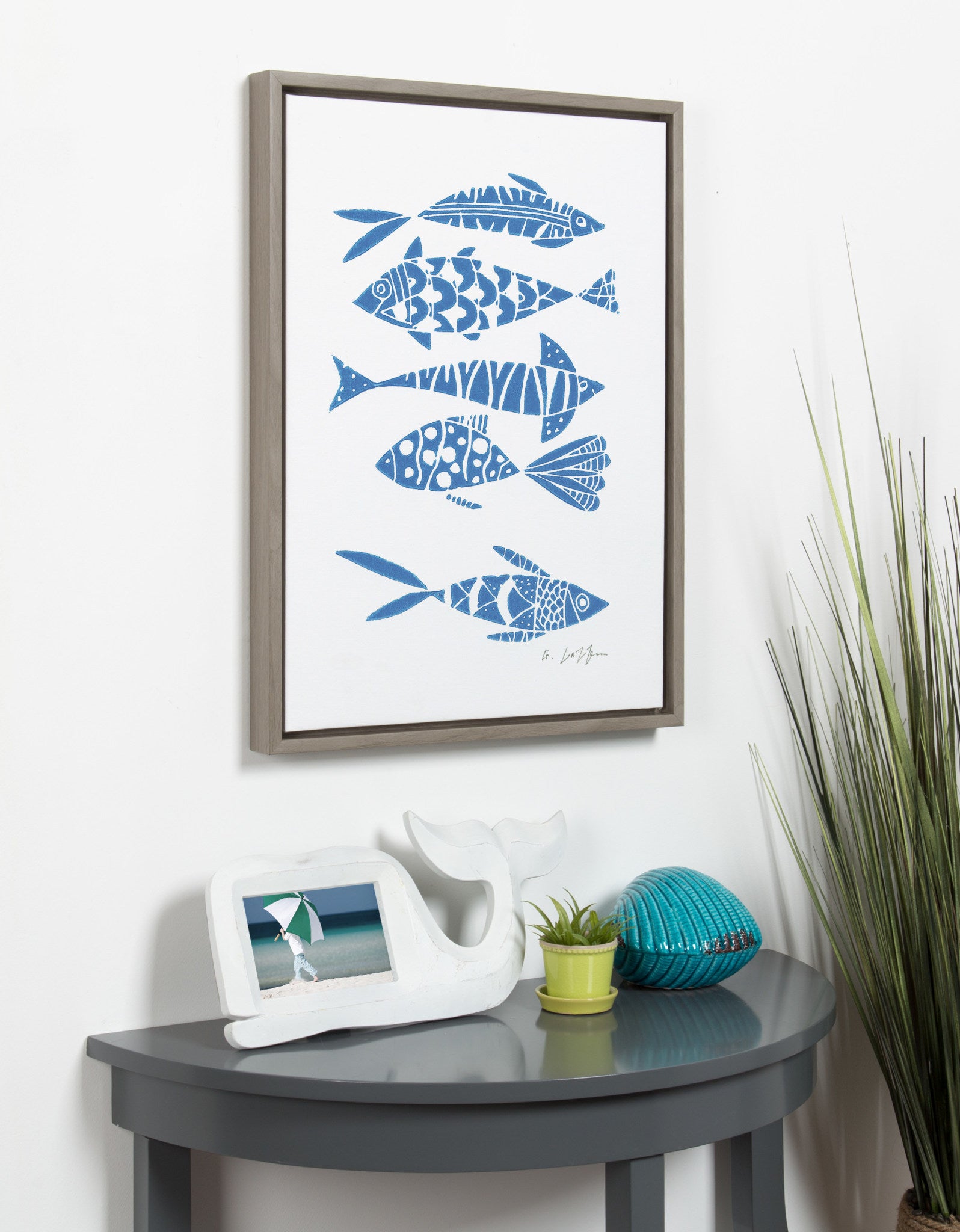 Kate and Laurel Sylvie Blue Fish Linocut Print Framed Canvas Wall Art ...
