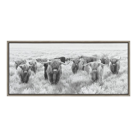 Sylvie Herd of Highland Cows Black and White Framed Canvas by The Creative Bunch Studio